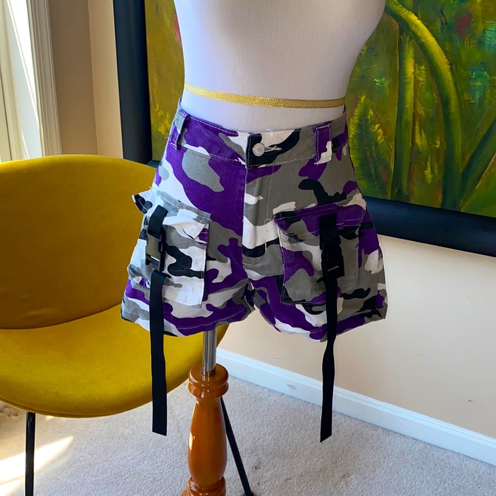 Purple and grey camouflage cargo shorts